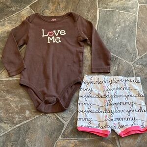 Brown 'Love Me' Onesie and Heart Print Shorts Set